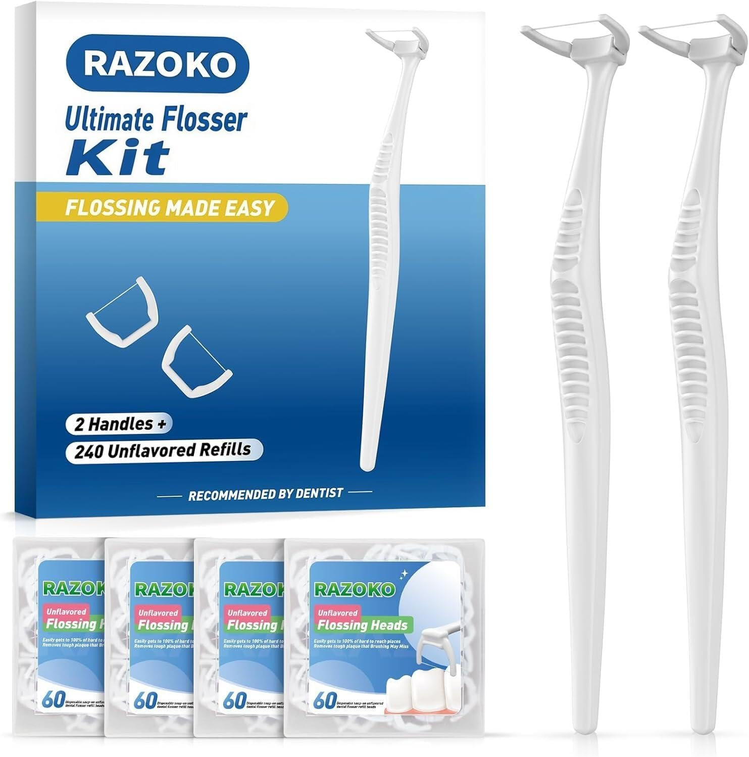 RAZOKO Long Handle Dental Flosser Kit (2 White Handles + 240 Refills)