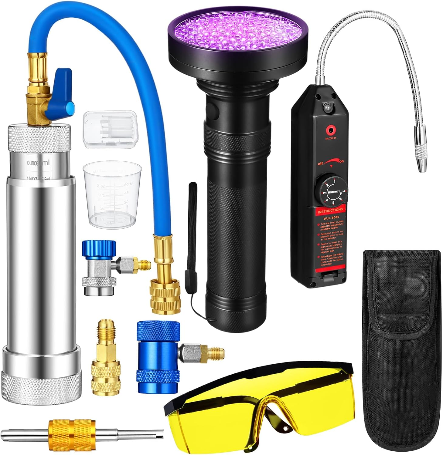 AC Leak Detector Kit, R1234Yf R134A R410A AC Oil UV Dye Injector Kit Refrigerant Leak Detector Tool Low Side Quick Coupler Mini Split Adapter Glasses Flashlight(Useful)
