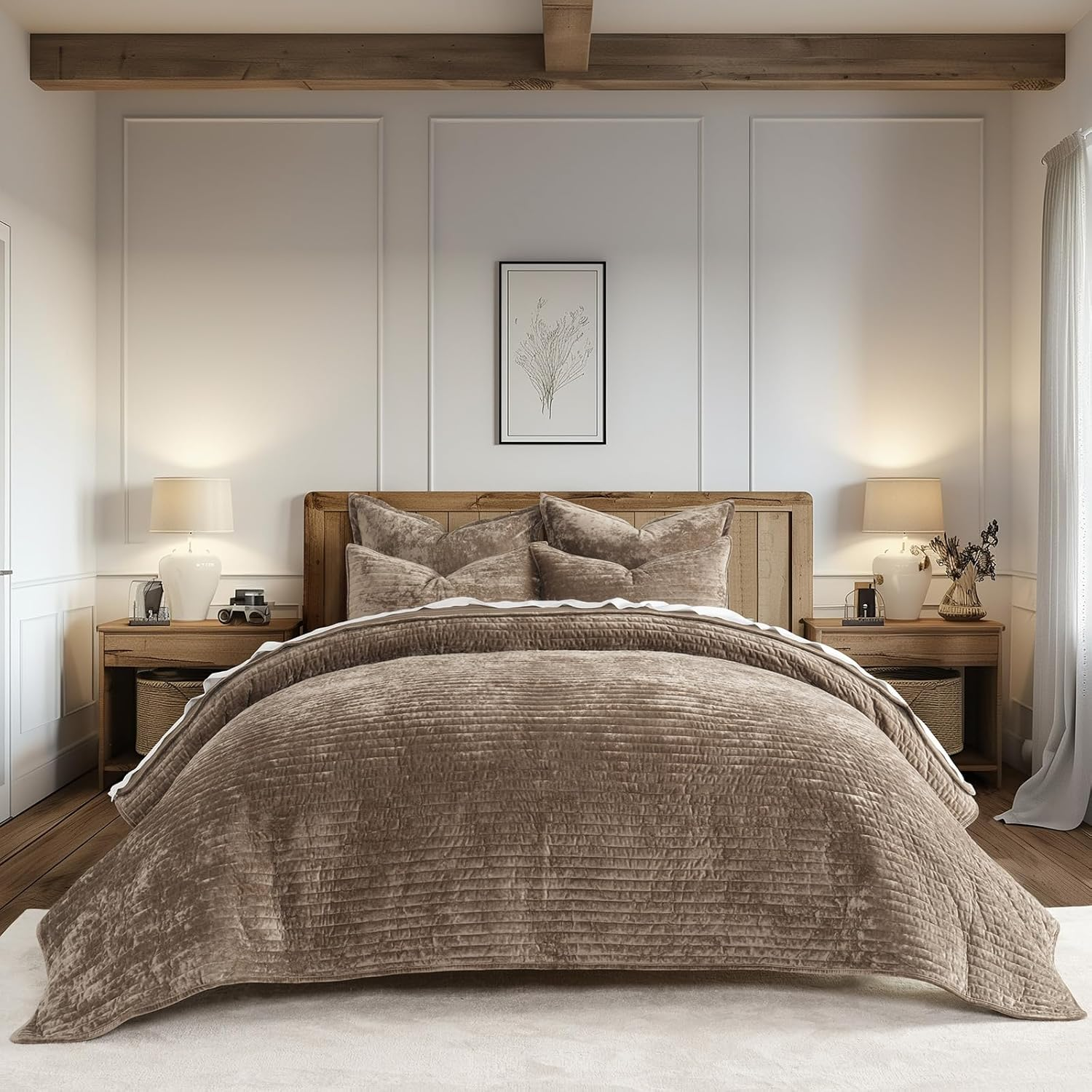 Velvet Quilt Set King Size, Luxurious Soft Striped Channel Bedding Set, Lightweight Velvet Comforter for All Season, Oversized Bedspread Coverlet with 2 Matching Shams, Mocha Brown