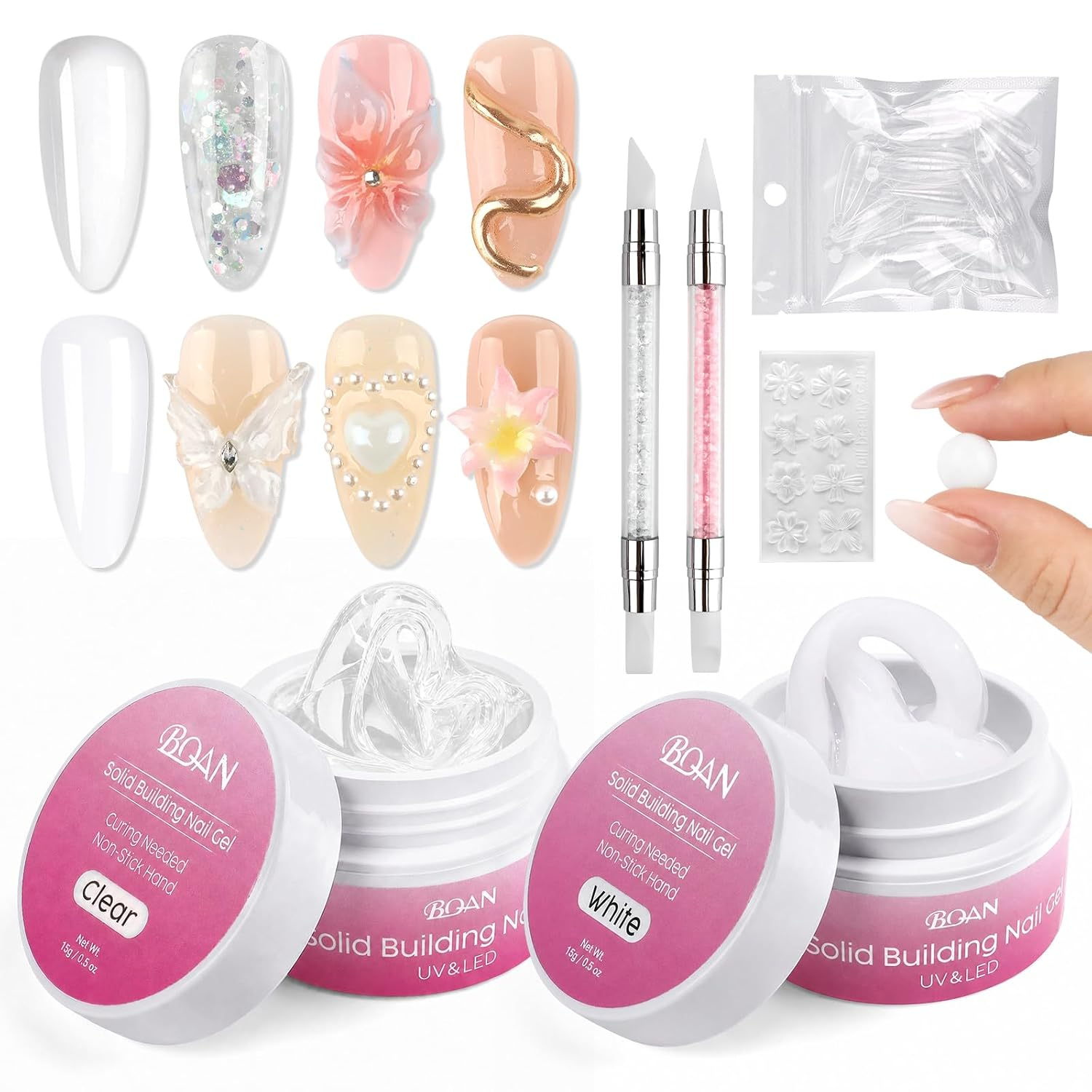 3D Sculpting Gel for Nail Art 2Pcs, White & Clear Solid Builder Gel | Non-Sticky | Easy Shaping | Nail Extensions | Carving & Molding | Flower & Bow Designs | UV/LED Cured | Tools Included