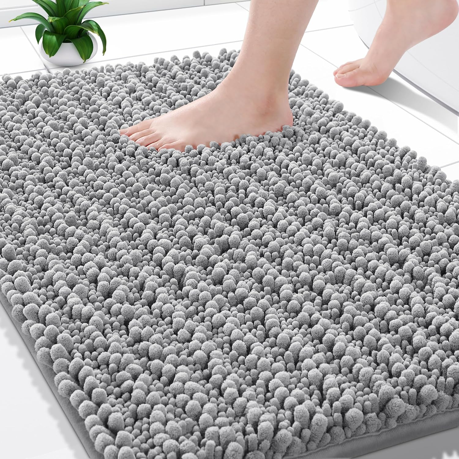 Bathroom Rugs Non Slip Washable - Ultra Soft Absorbent Chenille Bath Mat, Quick Dry Shaggy Floor Carpet for Tub Shower, Gray Home Decor Accessories, 24X17 Inch