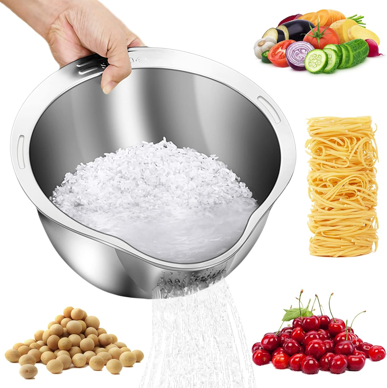Rice Washer Strainer Bowl - 4-In-1 Washing Bowl for Quinoa, Stainless Steel Rinser with Side Drainers Small Colander for Cleaning Fruits, Vegetables, and Beans - Versatile Kitchen Tool
