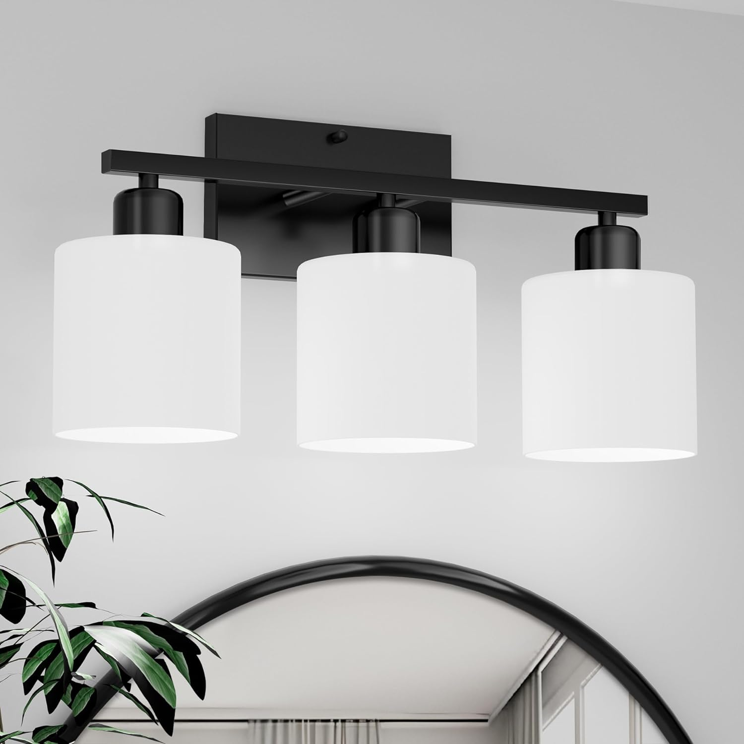 Black Bathroom Light Fixtures over Mirror, Rustproof Vanity Lights for Bathroom, Modern 3-Light Wall Sconces for Living Room, Milky White Glass Shades, Standard E26 Base, Bulbs Not Included