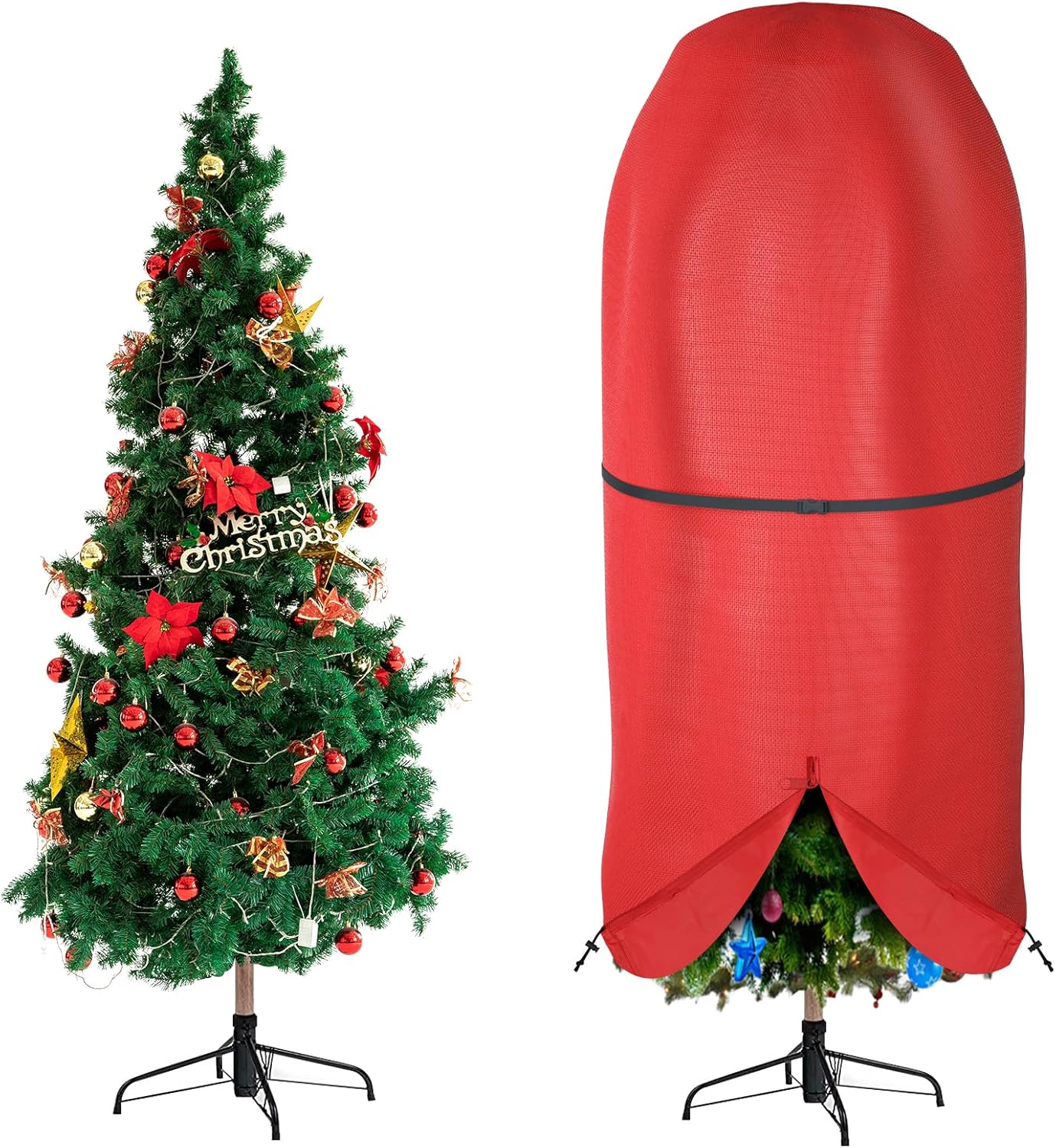 Christmas Tree Cover with Adjustable Straps, Upright Xmas Tree Storage Bag with Zipper & Drawstring for up to 9 Foot Artificial Tree Standing with Ornaments, Waterproof, Dustproof