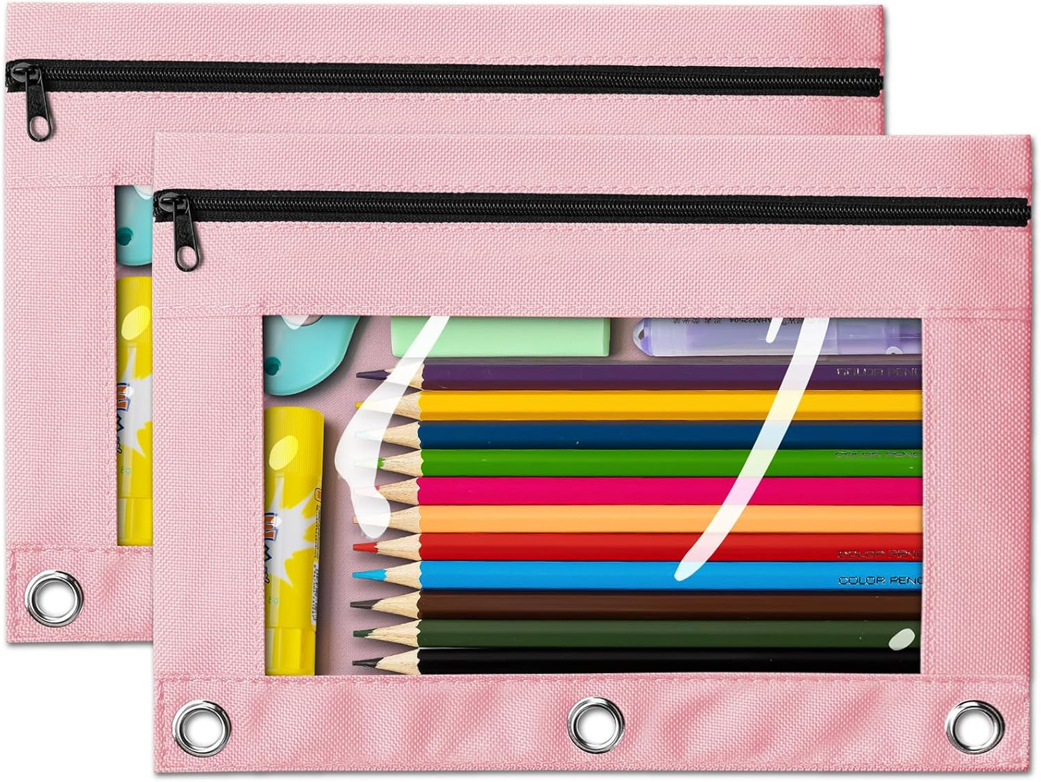 Pencil Pouch for 3 Ring Binder, 2 Pack Pink 3-Holes Zipper Pencil Pouches, Sturdy and Durable Cloth Pencil Case with Clear Window for Office School College Supplies