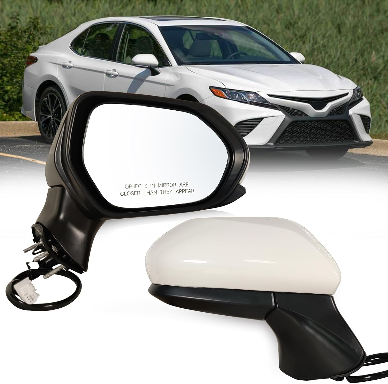 Right Passenger Side Mirror Fits 2018-2024 Toyota Camry with Power Glass without Heated without Turn Signals without Blind Spot Match Super White Replace 8791006800(3Pins)