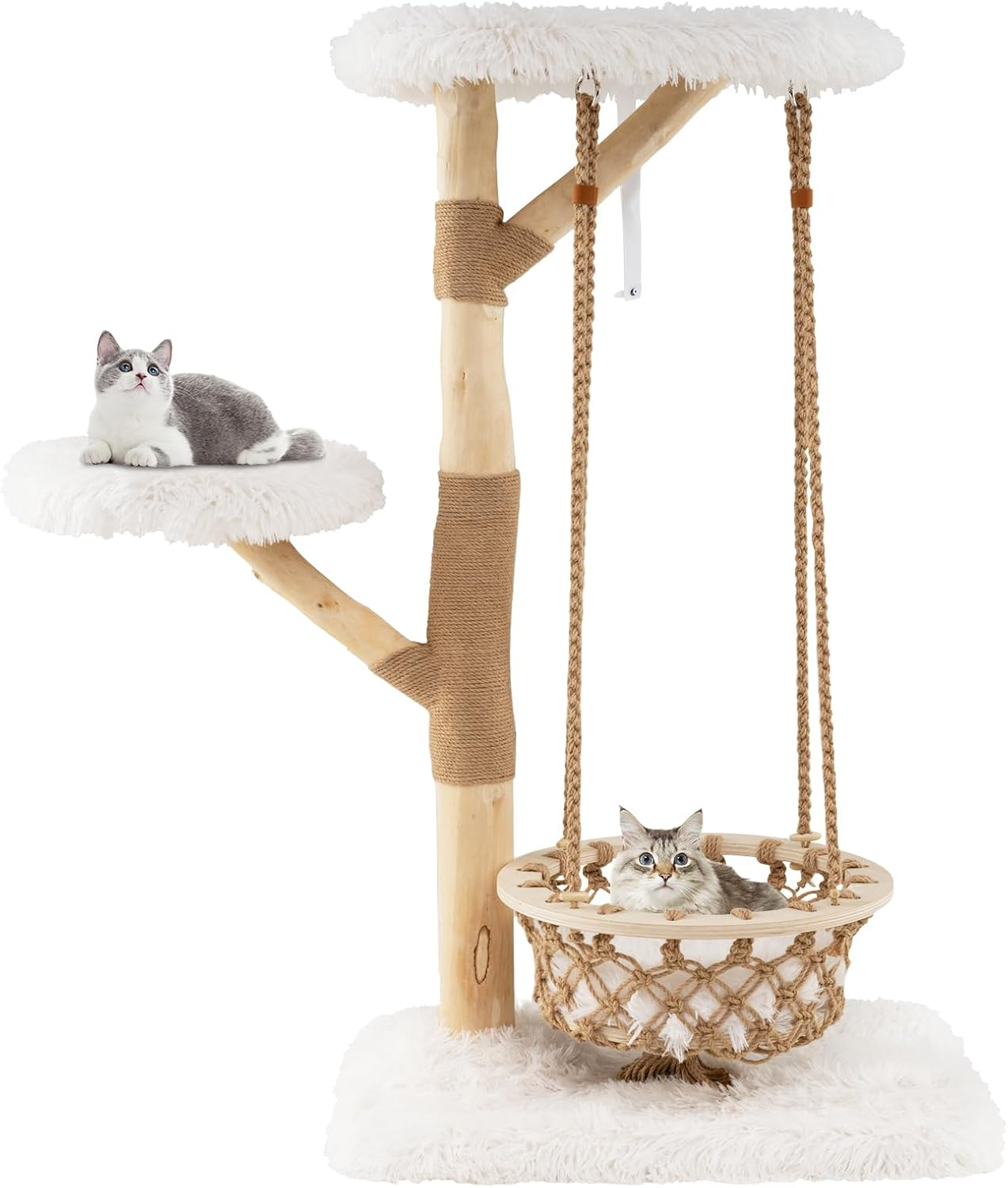 Modern Cat Tree, Cats Tower with Hammock Swing, Real Wood Branches, Jute Scratching Posts, 2 Perches, Kitty Activity Center for Indoor Cats (70 X 50 X 123Cm)