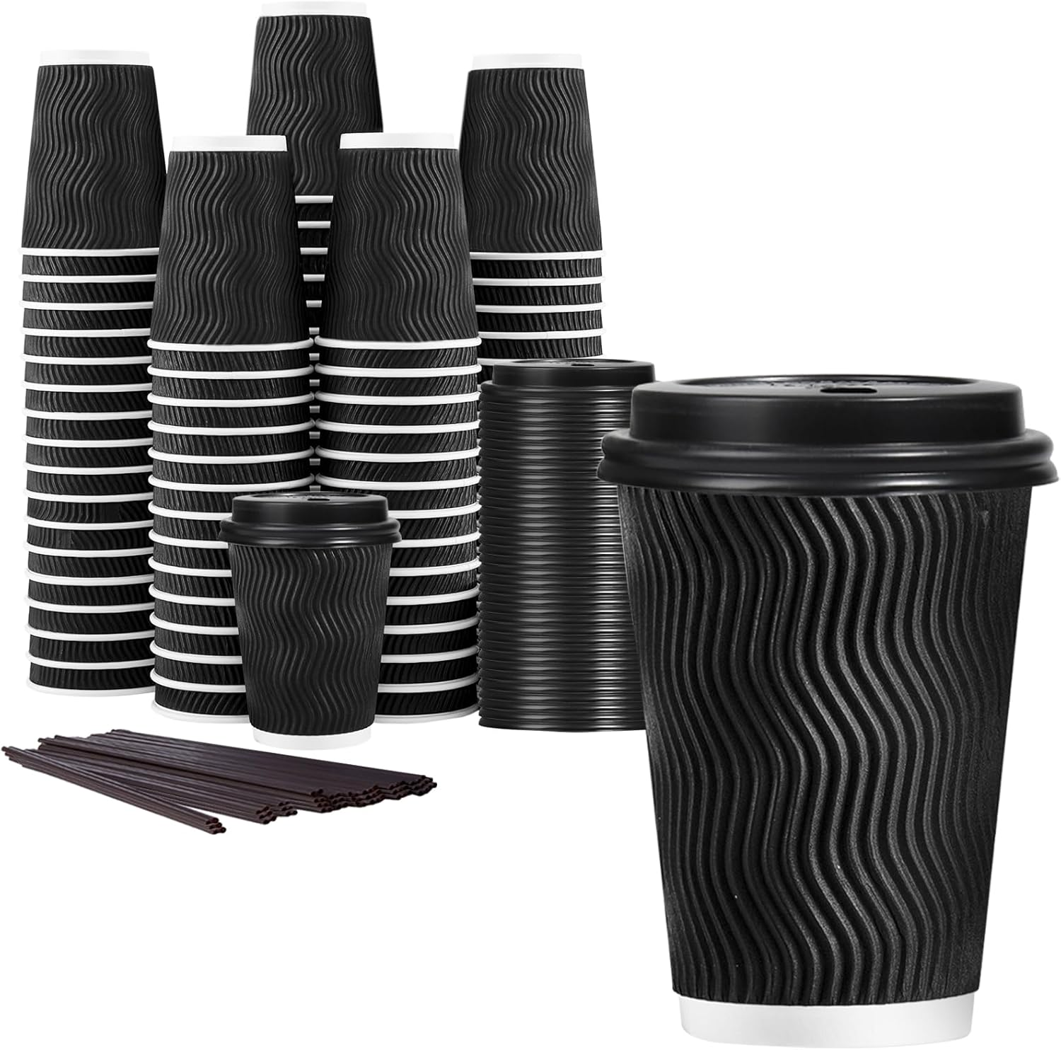 12 Oz Disposable Coffee Cups with Lids, 50 Pack Insulated Hot Cups to Go Paper Coffee Cups with Lids and Straws, Corrugated Ripple Wall Cup for Hot Drink, Office, Coffee Bar (Black)