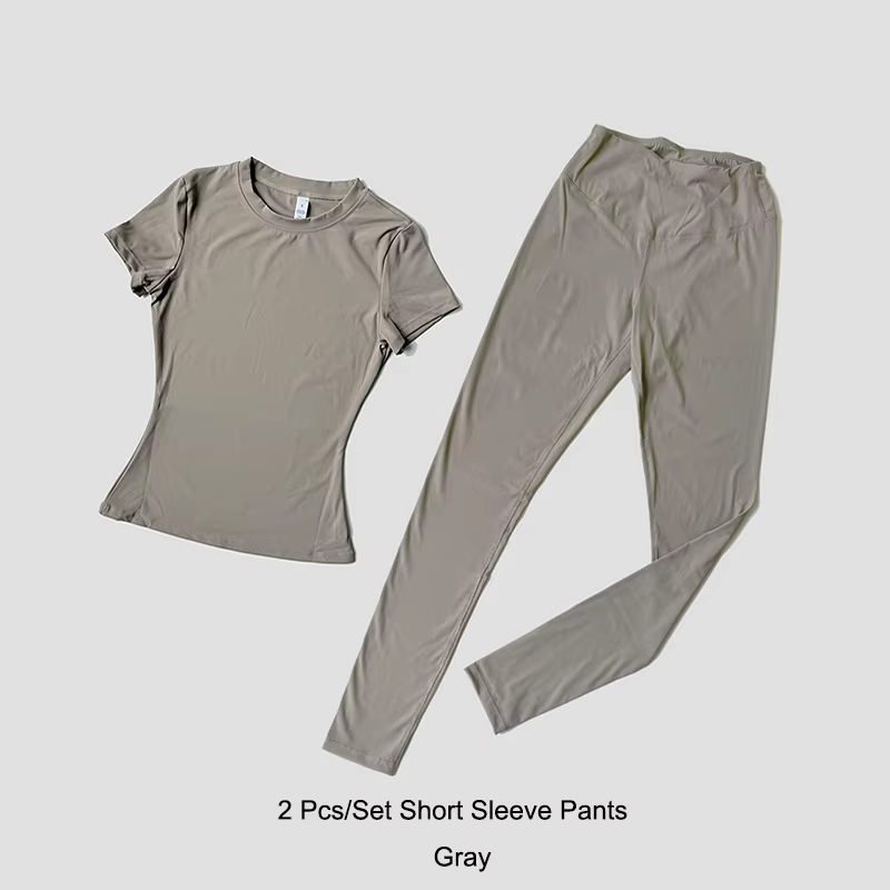 Quick-Drying Gym Leggings Set Sport Suit Short Sleeve Breathable Stretchy Slim Fitness Active Top Tight Gym Set
