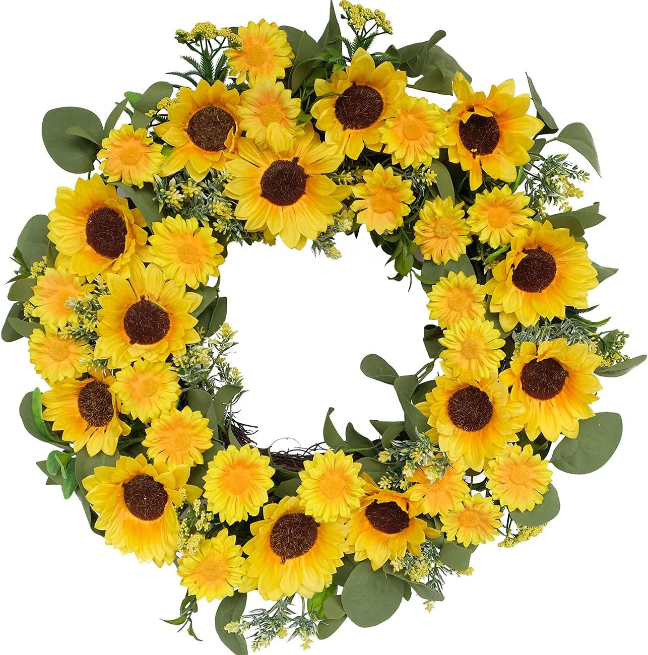 20 Inch Artificial Sunflower Wreath Front Door Wreath Yellow Sunflower Daisy and Green Leaves Wreath Spring Summer Wreath Front Door for Indoor Outdoor Home Wedding Window Wall Decor…