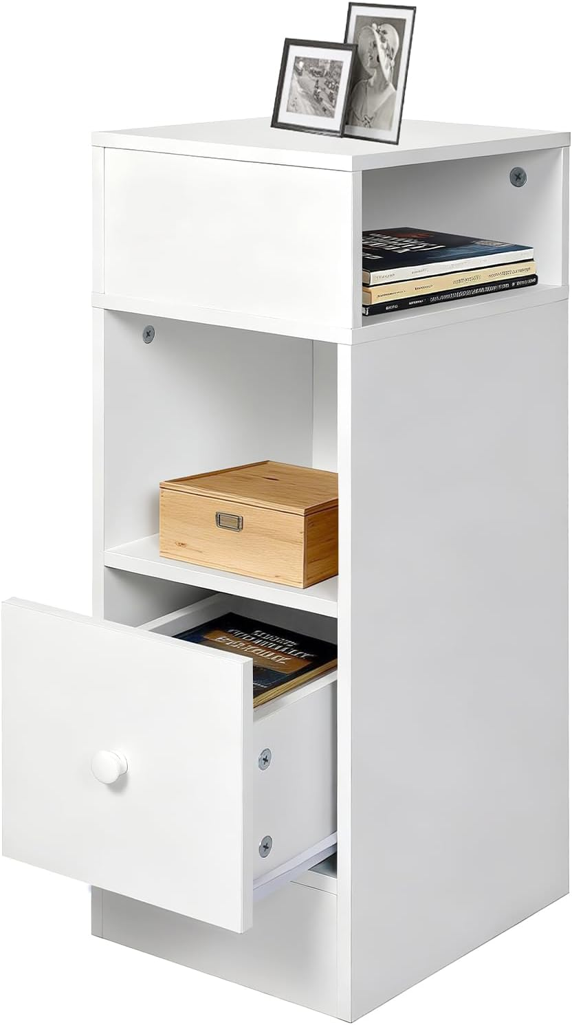 Bedside Table,Small Narrow Nightstand with 2 Open Compartments and 1 Drawer,Space Saving Cabinet Side Table,White Wood End Tables Storage for Bedroom Living Room