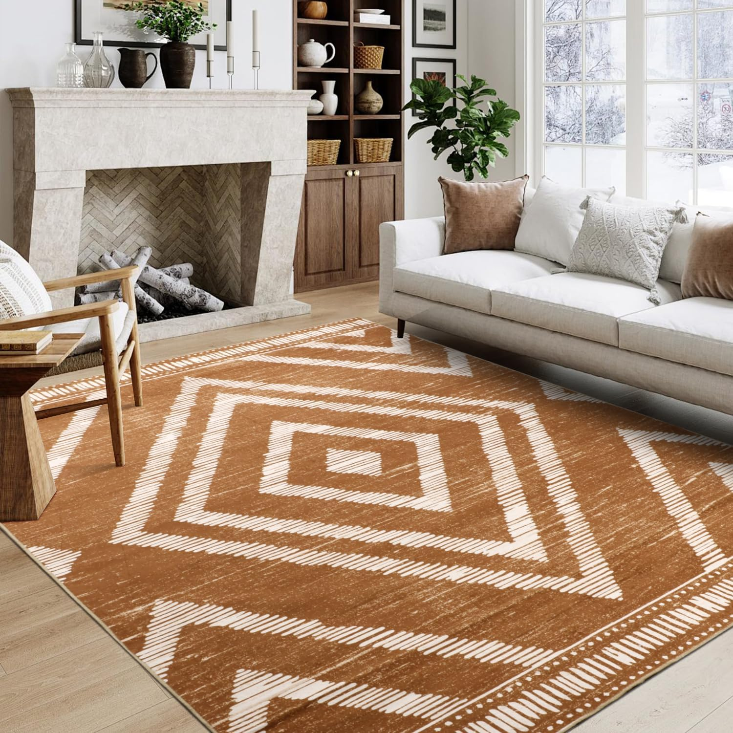 Boho Washable Rugs 5X7Ft Non Slip, Low Pile Area Rug for Living Room, Brown Moroccan Bedroom Carpets, Non Shedding Soft Floor Carpet for Dining Room Bathroom Nursery Kitchen Office