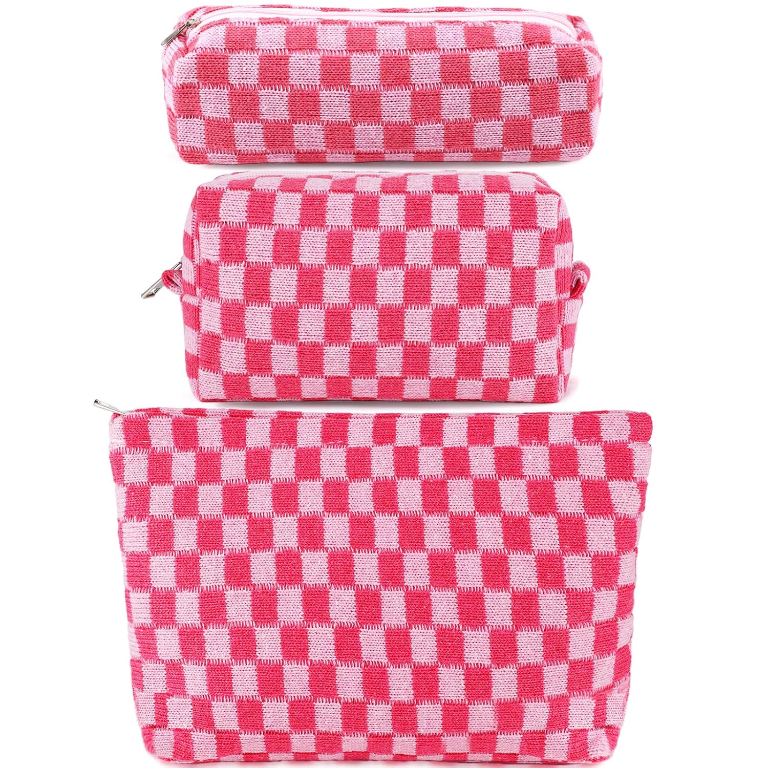 3Pcs Makeup Bag Checkered Cosmetic Bag Set Travel Toiletry Bags for Purse Large Small Makeup Pouch for Women Cute Preppy Pencil Pouch Case Pink Zipper Skincare Bags