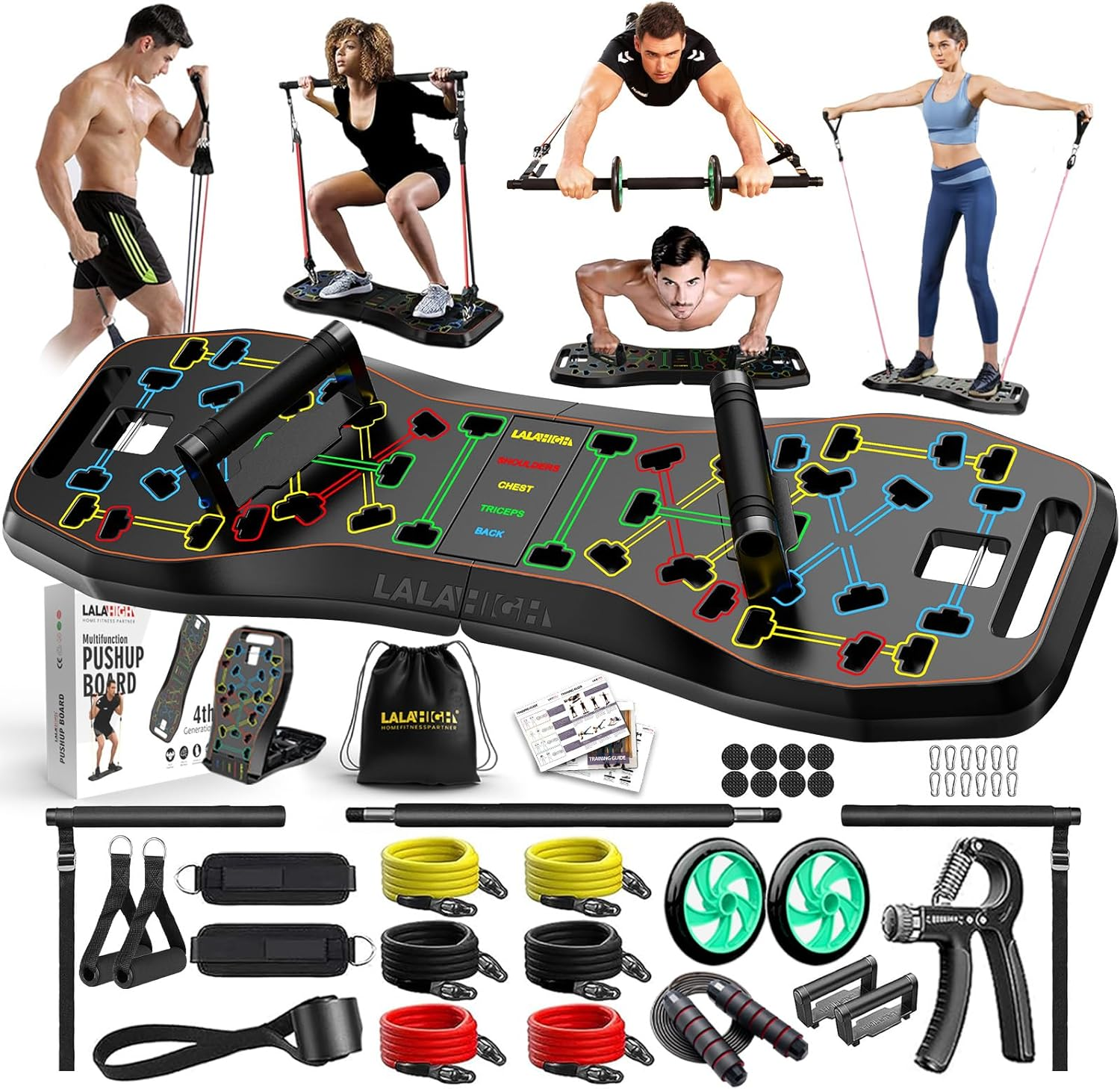 Push up Board,36 in 1 Home Gym Equipment with Ab Roller Wheel & Resistance Bands, Portable Foldable Workout Board for Full Body Strength Training Men Women,Gift for Boyfriend