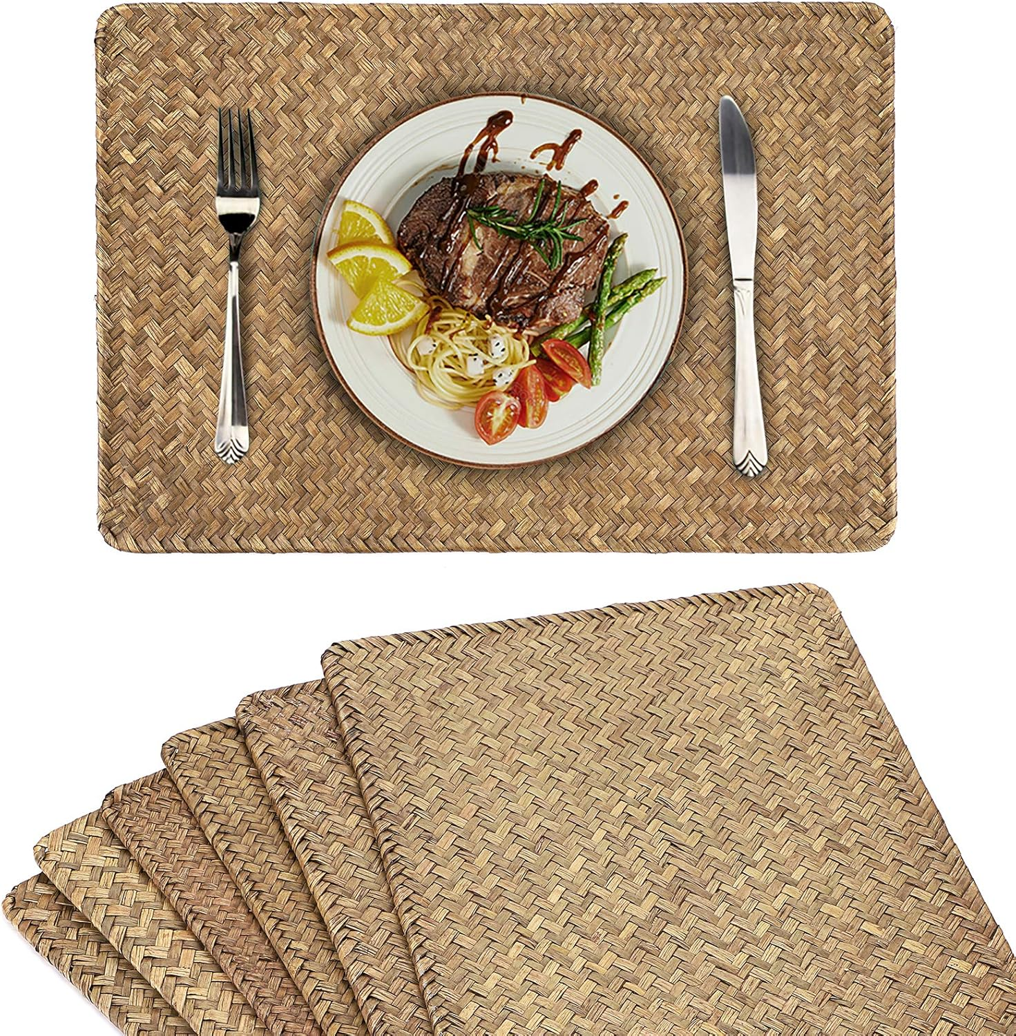 Pack of 6 Natural Seagrass Placemats Woven Rattan Place Mat Rectangular Table Mats, 17