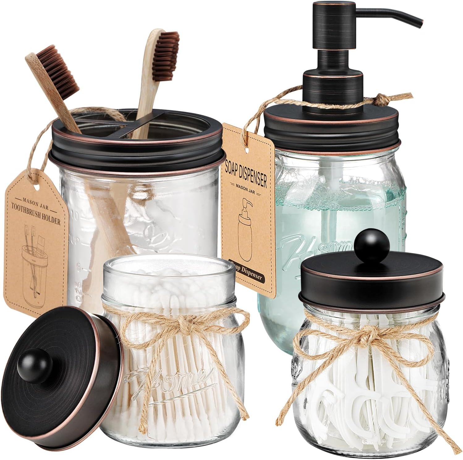 Mason Jar Bathroom Accessories Set 4 Pcs -Lotion Soap Dispenser & 2 Qtip Holders & Toothbrush Holder - Rustic Farmhouse Decor, Bathroom Home Decor, Perfect Decorating Idea (Oil Rubbed Bronze)
