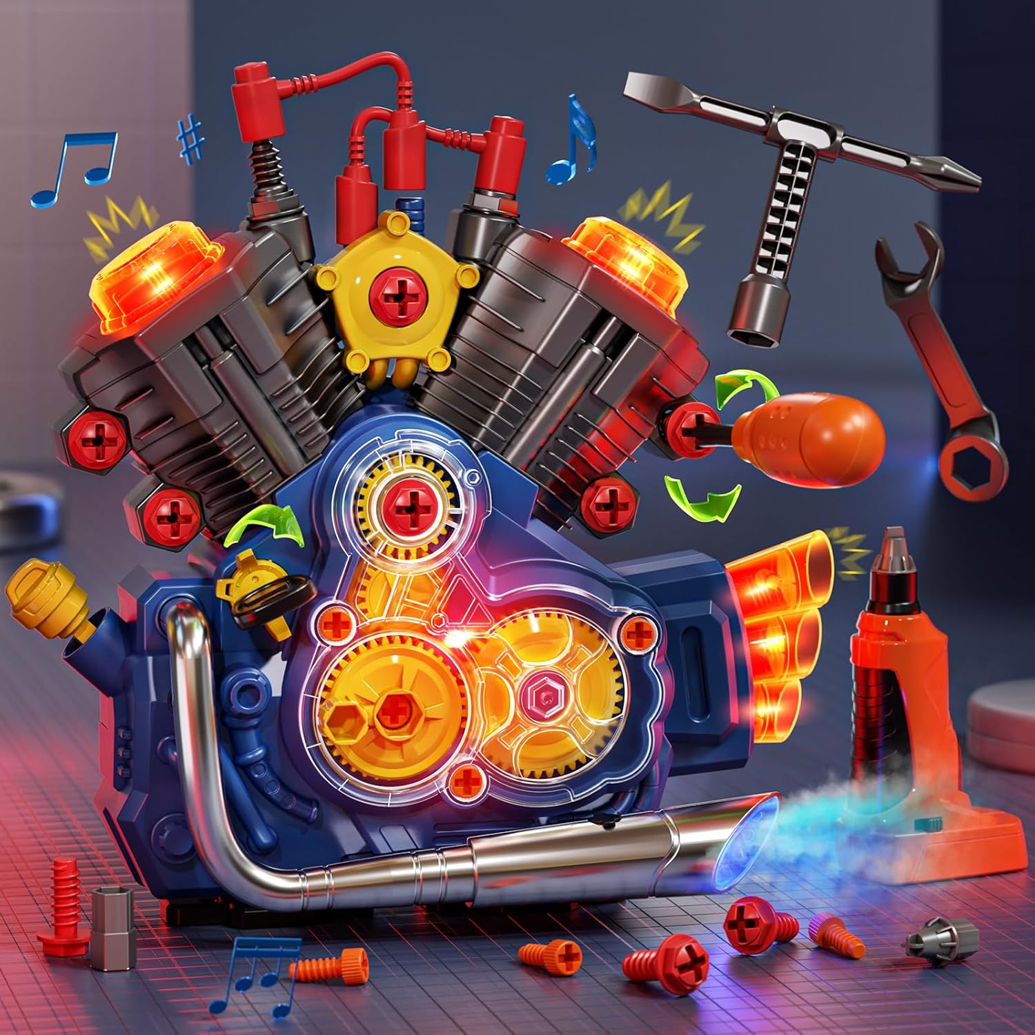 Engine Building Kit, Kids Mechanic Toys for Motorcycle Engine Toy, STEM Engine Model Kit Toy with Cool Light and Music, Educational Science Building for Boys Age 3+Year Old Mechanic Tools (Blue)