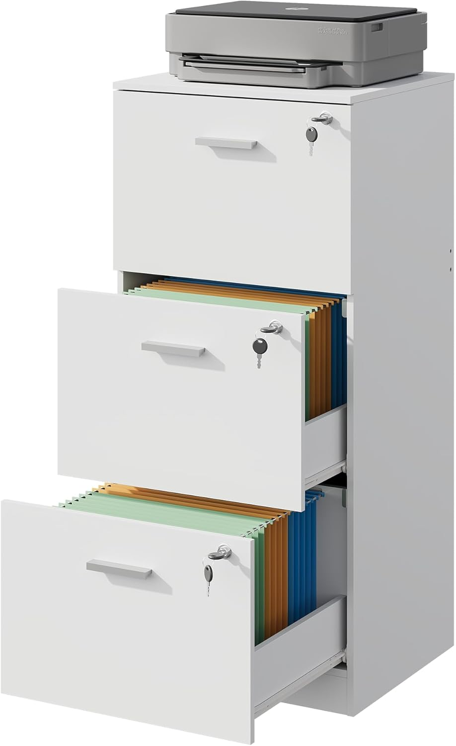 3 Drawer File Cabinet, Vertical Wood Filing Cabinet for Home Office, Office Printer Stand for Letter and A4 Size, White