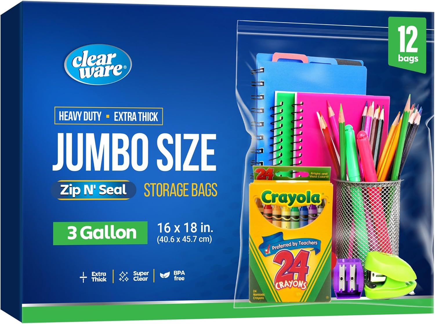 12 Large Storage Bags with Zipper Top - 3 Gallon Size, 16