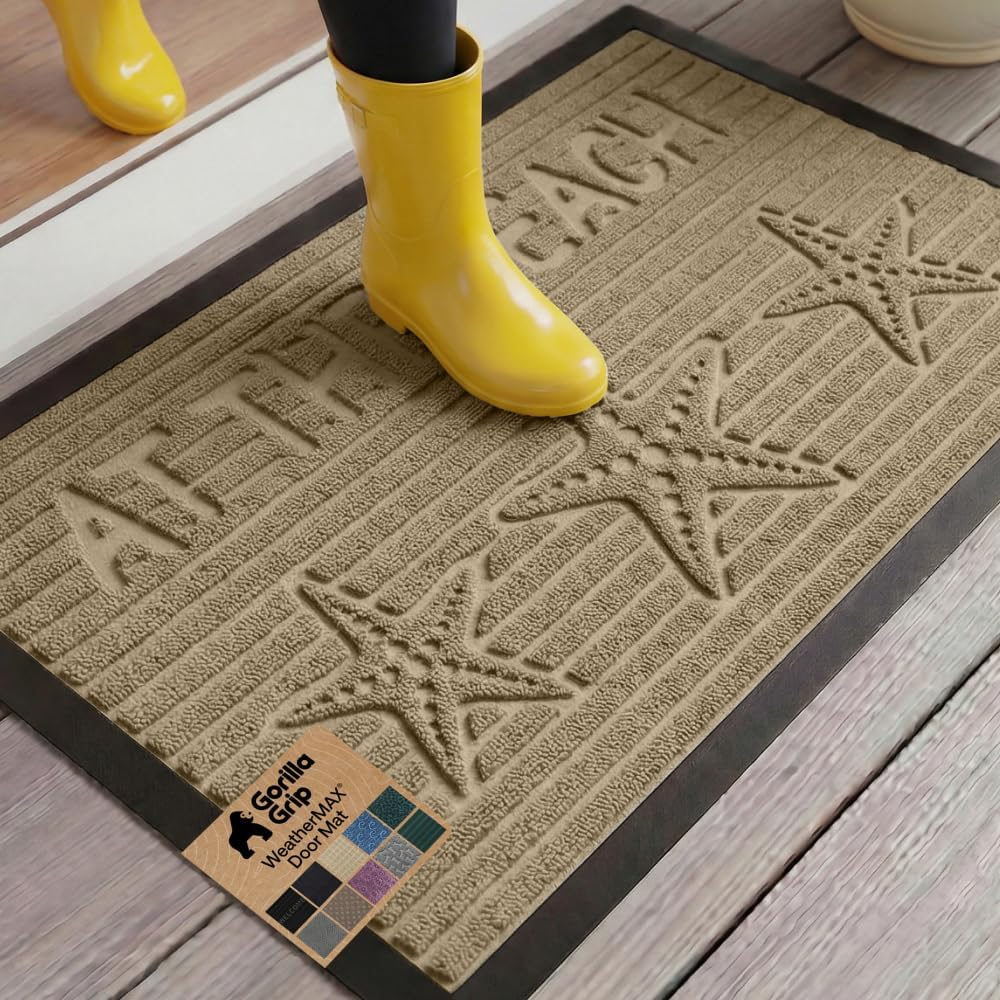 GORILLA GRIP 100% Waterproof All-Season Weathermax Doormat US Designed Natural Rubber, Stain and Fade Resistant, Low Profile Indoor Outdoor Door Mats, Easy Clean Patio Mat, 29X17, Sand Beach