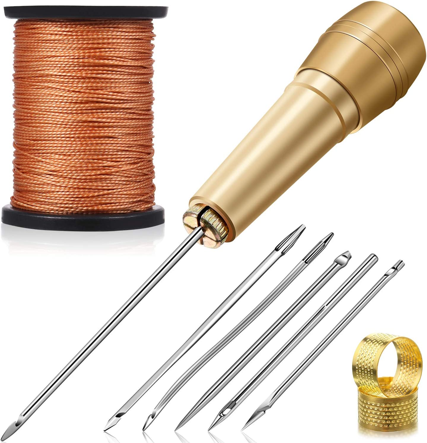 WILLBOND 6 Pieces Canvas Leather Sewing Awl Needle with Copper Handle, 50 M Nylon Cord Thread and 2 Pieces Thimble for Handmade Leather Sewing Tools Shoe and Repair