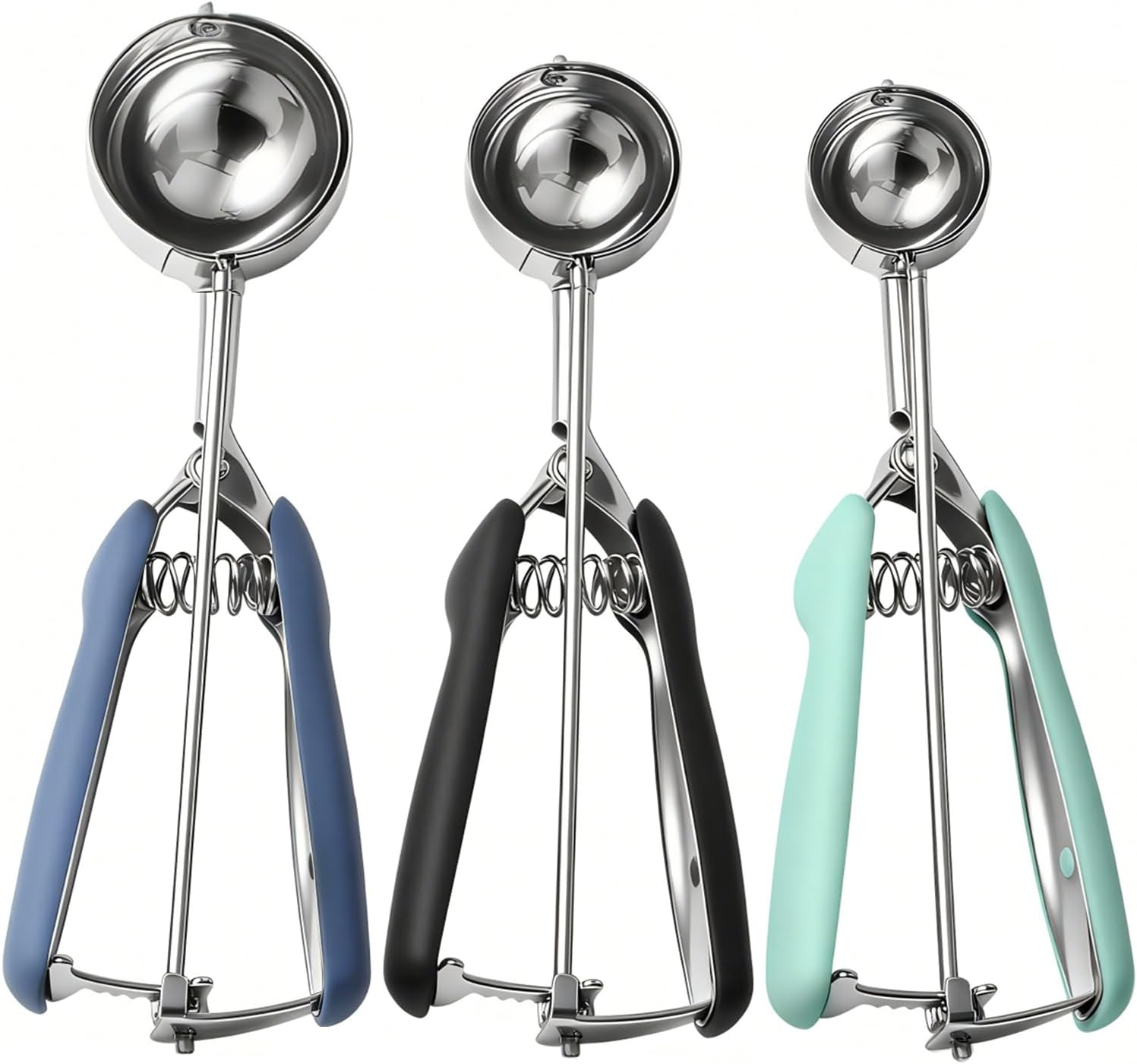 Cookie Scoop Set, Cookie Scoops for Baking Set of 3, Size #60/ #40/ #20, Cookie Dough Scoop, Non-Slip Grip, Blue/Black/Mint Handle, for Cookies Muffin Cupcake Meatball Ice Cream