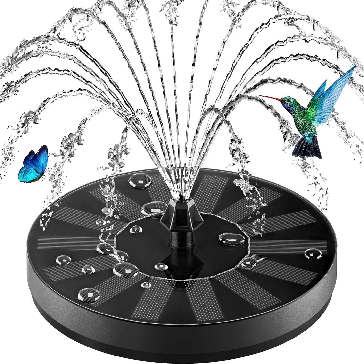 Solar Fountain 100% Glass Covered, Solar Powered Hummingbird Water Fountain, Outdoor Bird Bath Fountain Pump with 8 Nozzles & 4 Fixers for Garden, Pond, Pool, Fish Tank Decoration