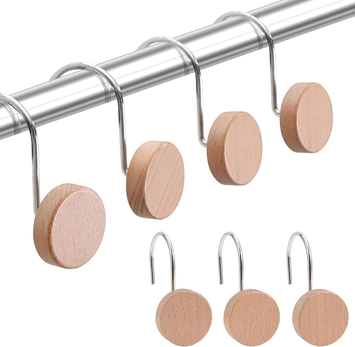 Boho Wood Shower Curtain Hooks - Rust-Resistant 12 Pack Decorative Hangers