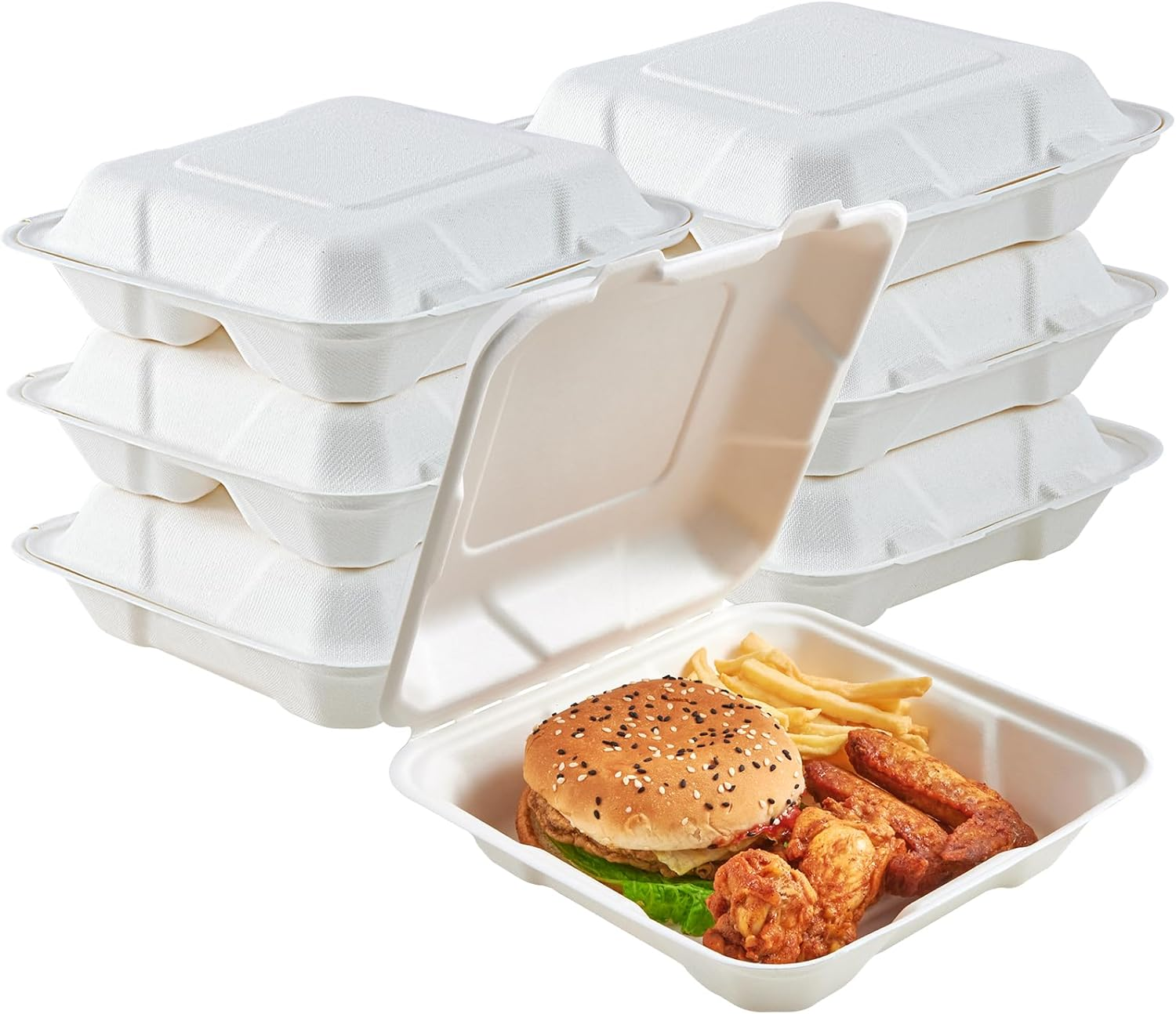 50 Pack Clamshell Take Out Food Containers, 100% Compostable Disposable to Go Containers, 8X8 Inch Heavy-Duty to Go Boxes for Food