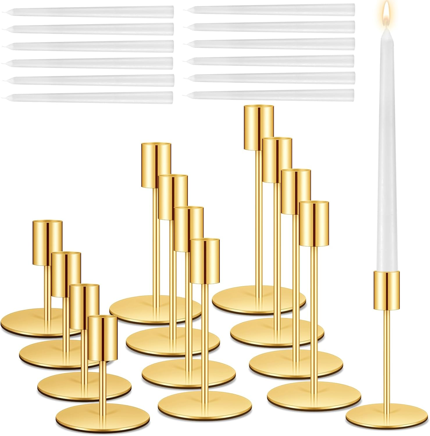 Suclain 12 Set Candle Holders Bulk with 10'' White Dripless Taper Candles 3.3'' 5.5'' 6.3'' Metal Taper Candlestick Holder Decoration for Wedding Party Church Table Centerpiece Home Birthday (Gold)