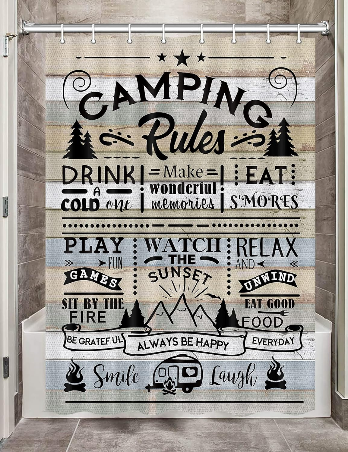 Camper RV Shower Curtain for Travel Trailer Bathroom, Farmhouse Camping Rules 