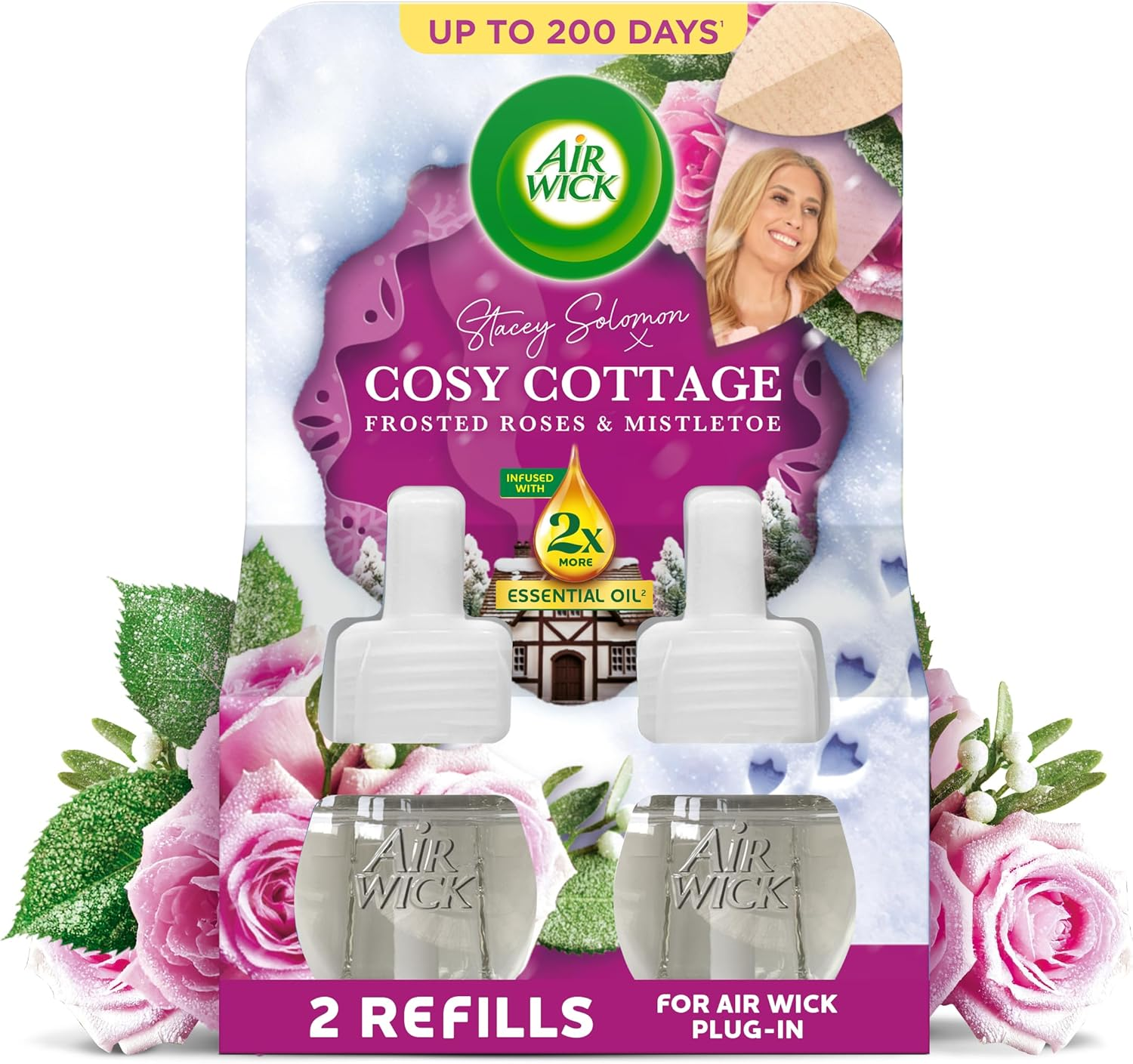 Air Wick Plug in Diffuser Twin Refill, Cosy Cottage Frosted Roses & Snowberry, Pack 1 X 19Ml, Long Lasting Fragrance, Lasts up to 200 Days, Plug in Air Freshener