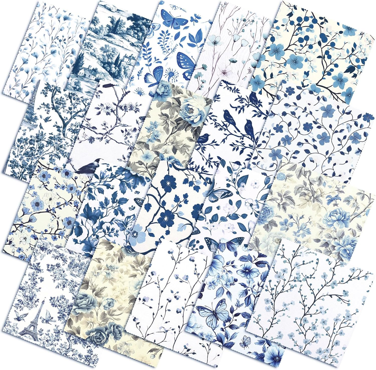 20 Pcs 10''X10'' Blue and White Floral Quilting Fabric Square Bundle Chinoiserie Precut Quiltted Fabric Floral Printed Patchwork Supplies for Handmade Patchwork DIY Sewing Material Craft