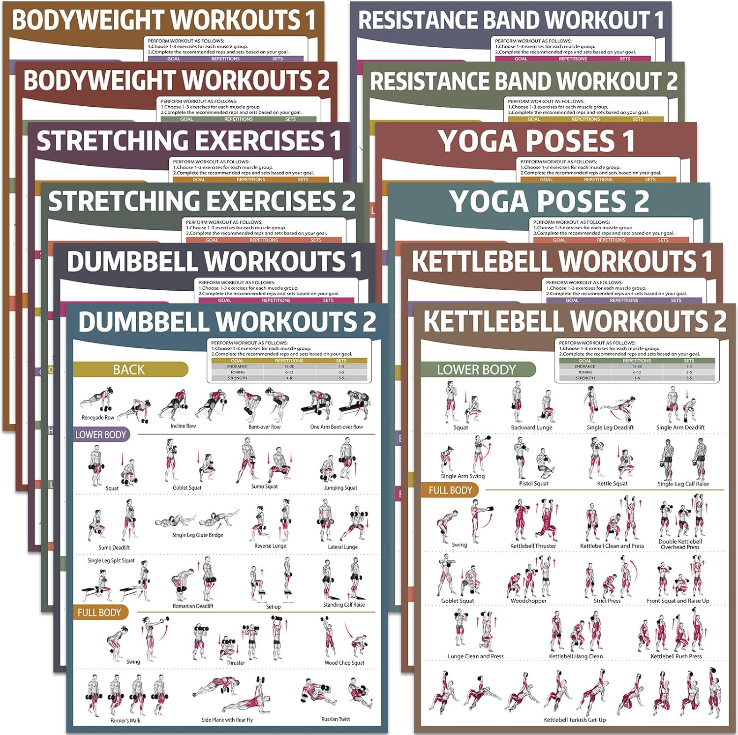 12PCS Workout Posters for Home Gym Dumbbells Bodyweight Stretching Kettlebells