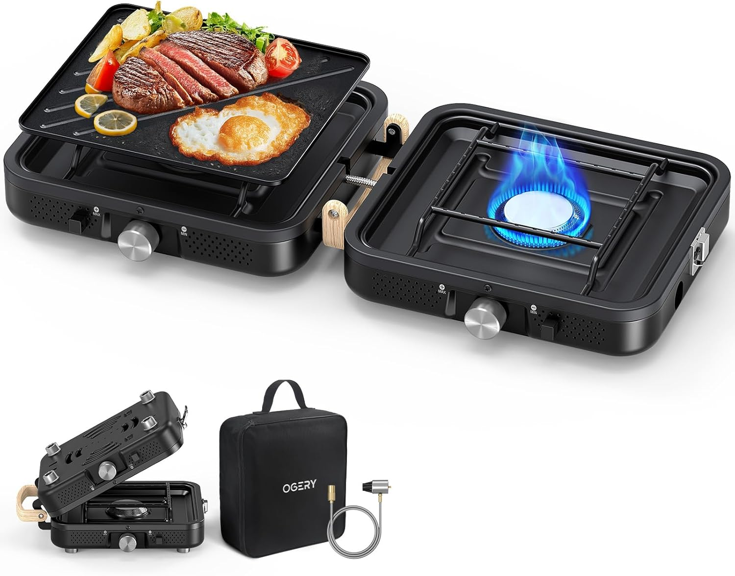 2-Burner Foldable Camping Stove with Griddle (Textured & Smooth) and Carrying Bag, Portable Propane Camp Stove with 2 Adjustable Burners & Piezo Ignition, for Camping Tailgating Essentials Gear