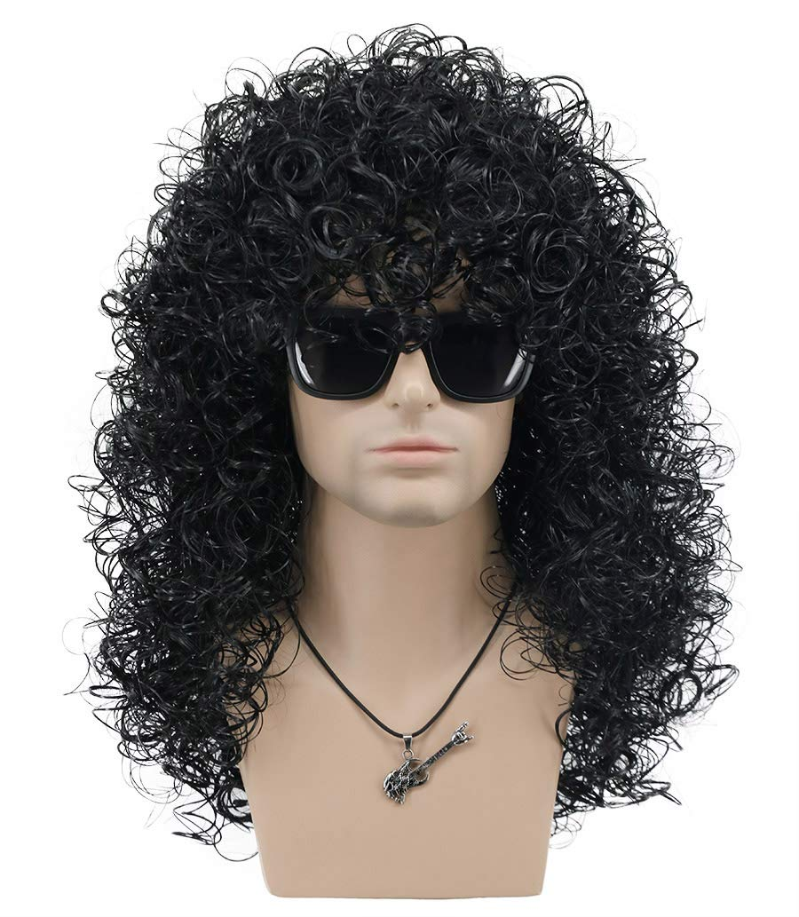 Mens Slash Long Curly Black Hard 70s 80s Rocker Wig Halloween Costume Cosplay Wig (Black)