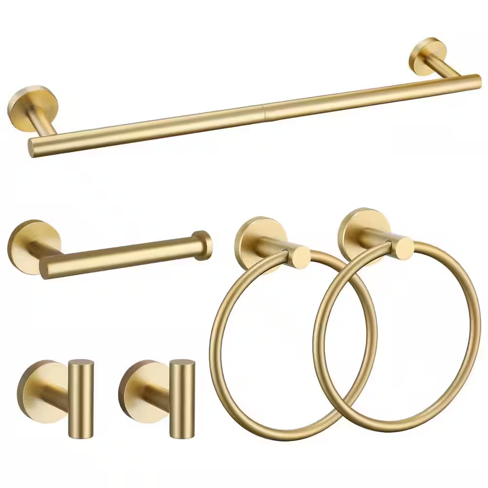 6-Piece Stainless Steel Bath Hardware Set with Towel Bar, Toilet Paper Holder, Towel Ring, Towel Hook in Brushed Gold