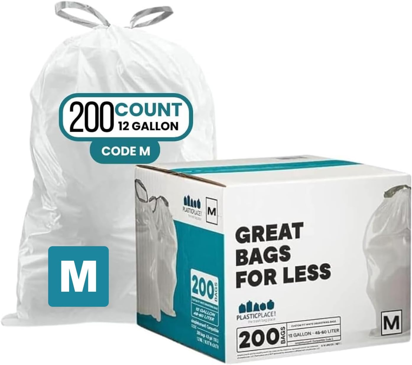 Custom Fit Trash Bags Compatible with Simplehuman Code M 12 Gallon Drawstring Garbage Bags 200 Count Tear-Resistant Trash Can Liners for Kitchen and Office 1.2 Mil White 21