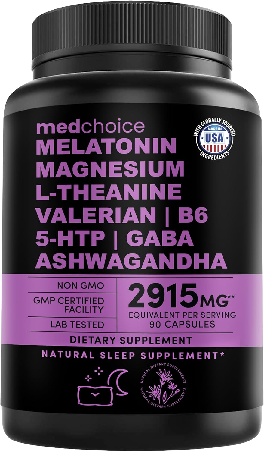 12-In-1 Melatonin Sleep Capsules - Natural Sleep Aids for Adults with Melatonin 5Mg and Magnesium Glycinate 500Mg, Sleep Aid with Ashwagandha, L Theanine, Valerian Root, GABA, 5-HTP (90Ct, Pack of 1)