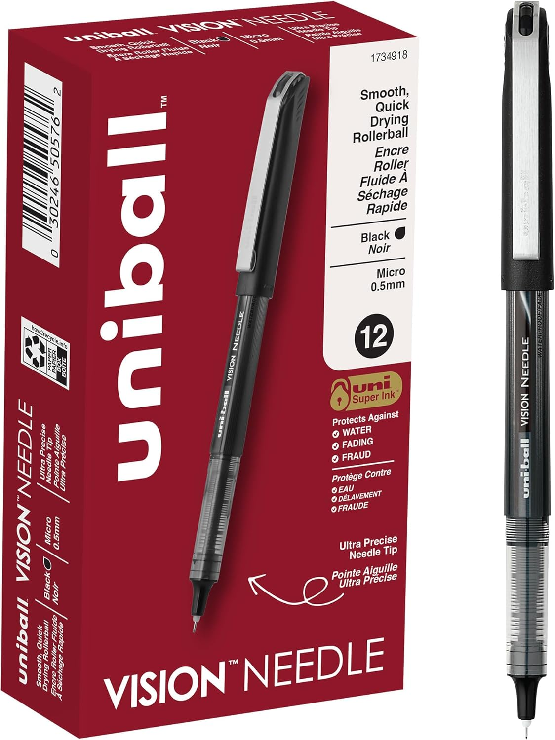 Uniball Vision Needle Rollerball Pens, Micro Point (0.5Mm), Black, 12 Pack