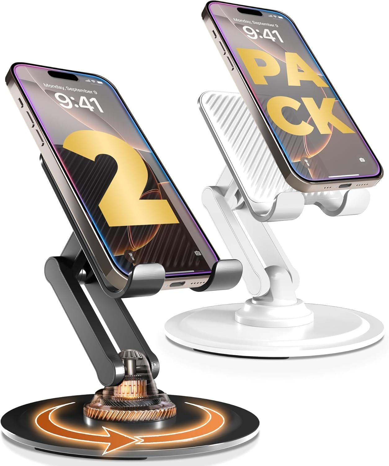 360° Stand - Adjustable Cell Phone Stand for Desk - 2 -Pack | 360° Click-Rotating Mobile Stand, Multi-Angle, Metal Base, Foldable, Portable | Office Phone Stand Desk (Piano Black & Cream White)