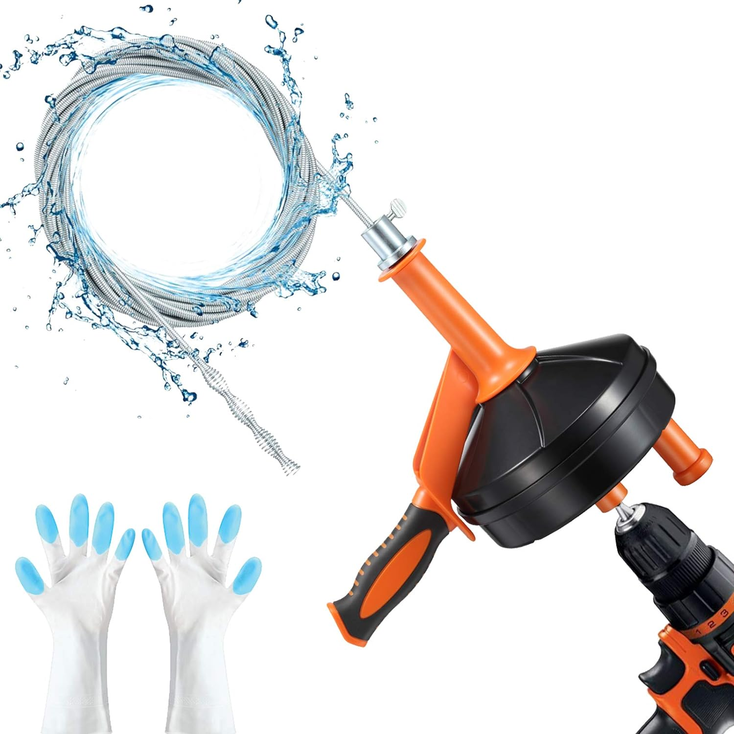 Drain Auger, Clog Remover with Drill Adapter, 25 Feet Flexible Plumbing Snake Use Manually or Powered for Kitchen, Bathroom and Shower Sink, Comes with Gloves (Orange)