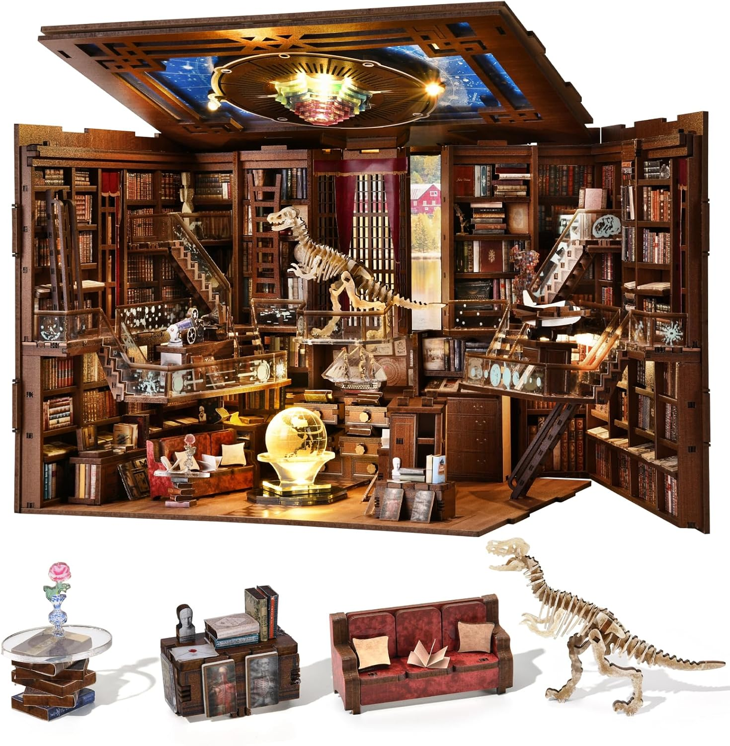 Book Nook Library Kit, DIY Miniature Dollhouse Booknook Kit, 3D Wooden Puzzle for Teens and Adults, Bookend Bookshelf Insert Decor with LED Light (Beyond Library Max)