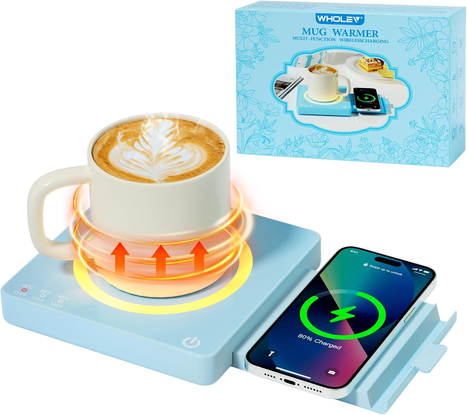 Coffee Mug Warmer, Smart Mug Warmer, 15W Wireless Phone Charging, 3 Heat Settings Temperature Controlled, 8H Auto Off, Candle Warmer, Safe for Heating Coffee, Beverage, Milk, Tea (Blue)