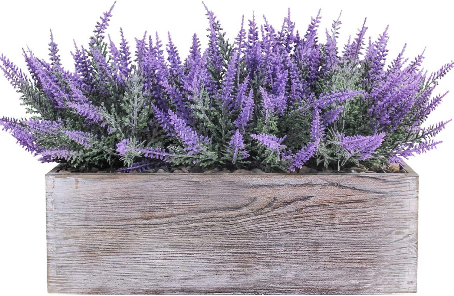 Fake Lavender Flower Arrangement in Rustic Rectangular Wood Planter Box Artificial Potted Lavender Plant for Gifts Farmhouse Wedding Centerpiece Kitchen Windowsill Table Shelf Indoor Greenery Decor