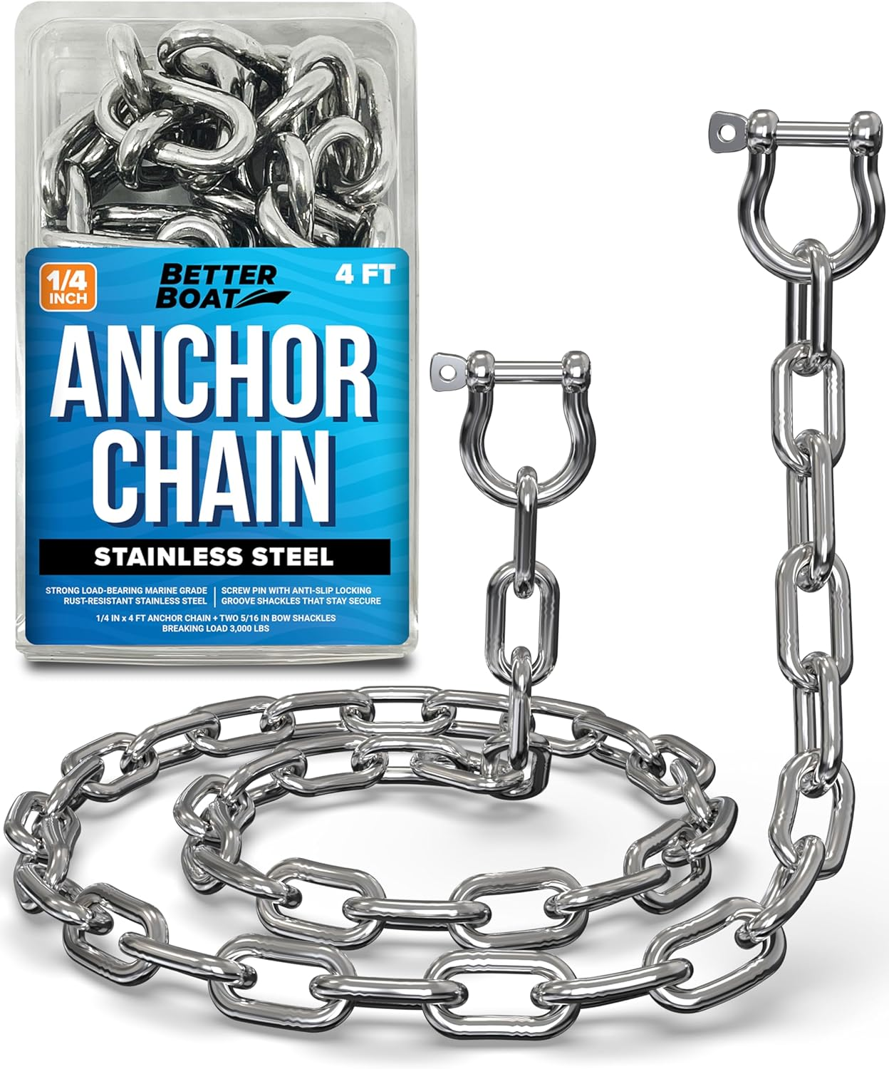 Galvanized or Stainless Steel Anchor Chain, Marine Grade, 3/16", 1/4", or 5/16" Chain with 2 Anchor Shackles, Link Ends, 4 or 5 Ft, for Boats
