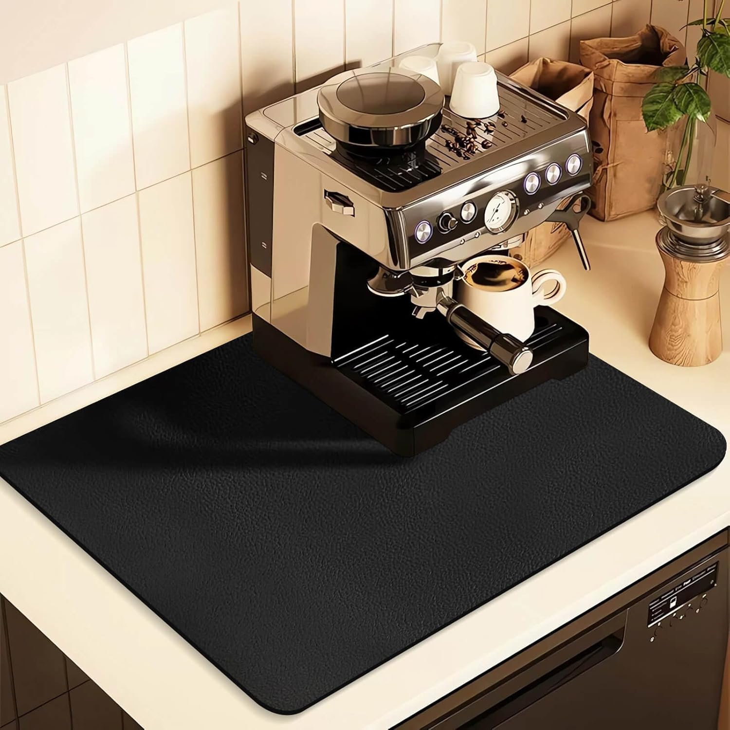 Coffee Mat for Countertops ,Coffee Bar Accessories Fit under Coffee Maker Espresso Machine, Absorbent Hide Stain Rubber Mat for Countertop ,Dish Drying Mat for Kitchen Counter (Black, 12