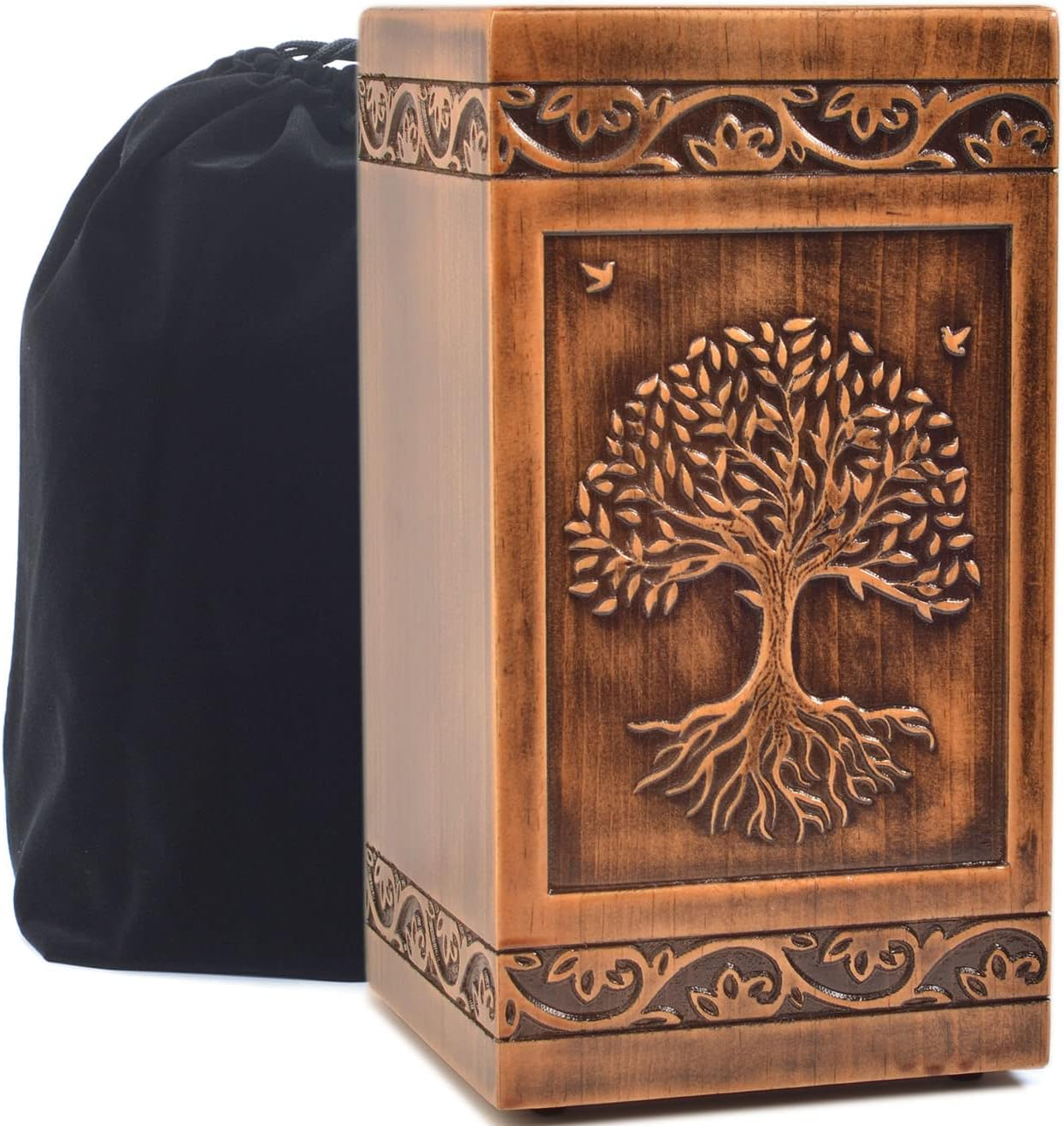 Handmade Wooden Engraved Urn for Human Ashes 250Lbs Adult Male Female Satin Bag Tree of Life Cremation Urns Pet Dog Cat Box