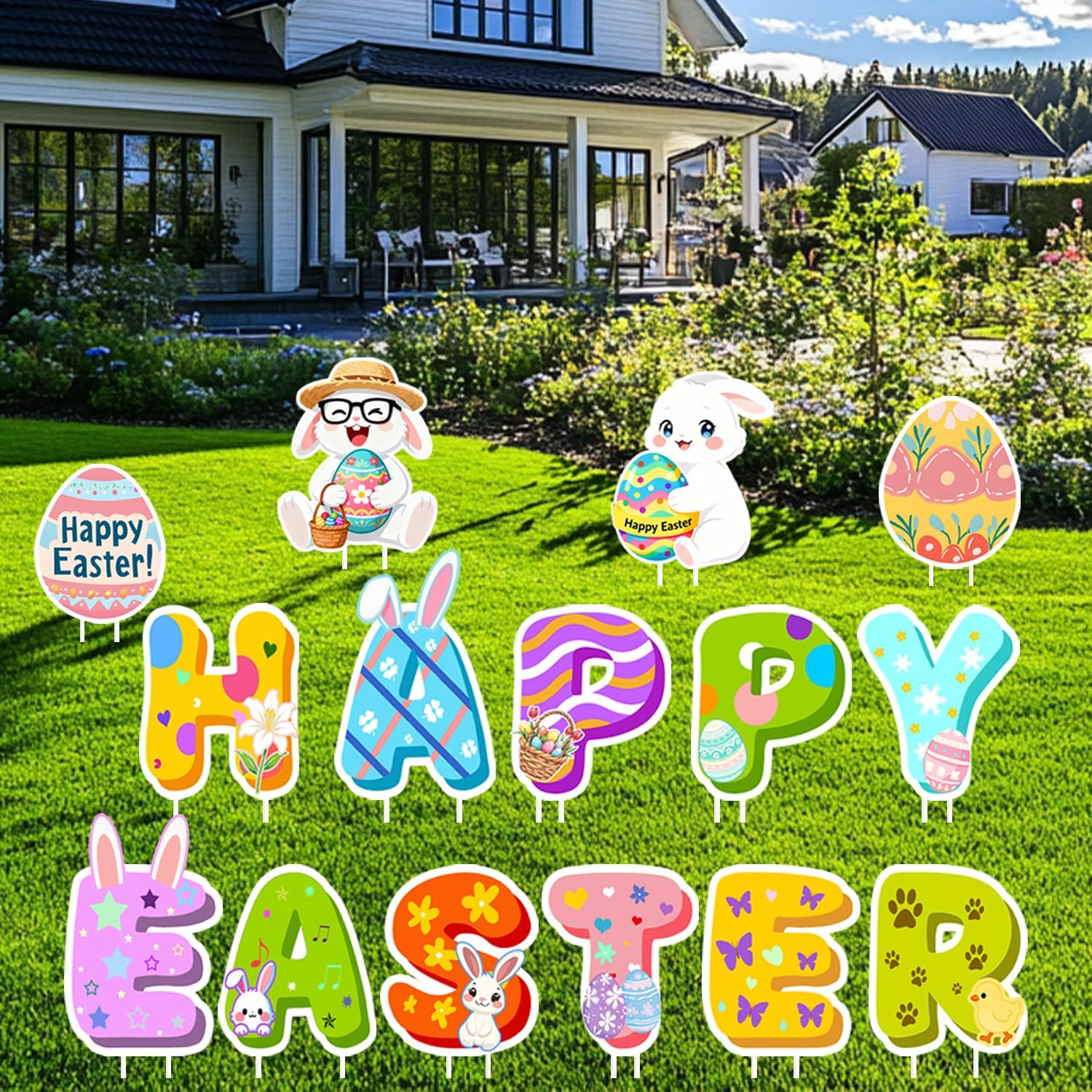 Happy Easter Yard Signs Outdoor Decorations, 15PCS Bunny & Egg Lawn Sign Set with Stakes, Easy to Install & Waterproof Spring Holiday Decor for Front Yard, Walkway, Garden, Egg Hunt & Party