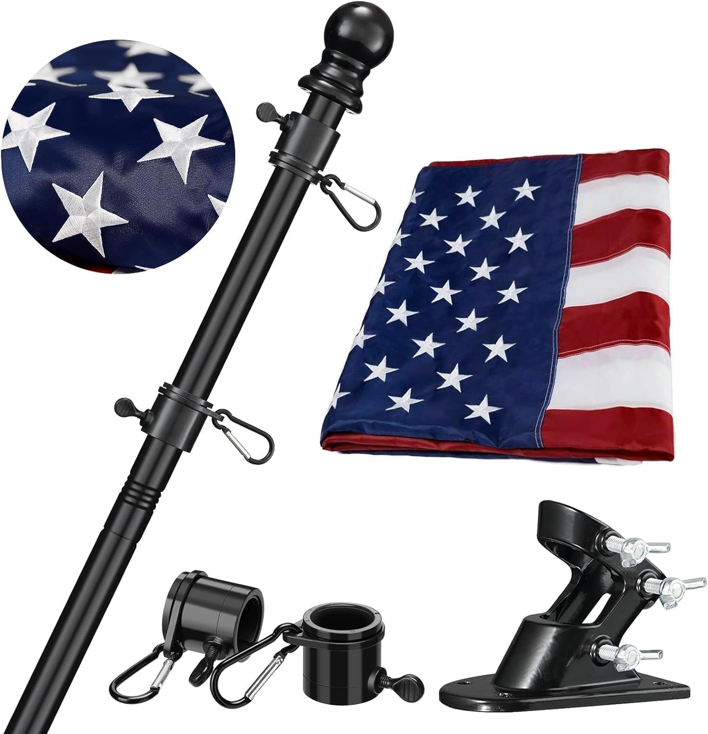 American Flag with Pole - Includes 5Ft Heavy Duty Flag Pole Holder for outside House,3X5 Embroidered US Flag and Wall Mount Bracket,Tangle Free Flagpoles Kit for Porch,Garage,Outdoor